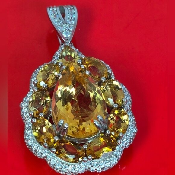 925 Sterling Silver Large Pendant 3x2cm with Natural Citrine Gem & Cz - Picture 1 of 7